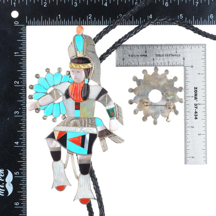 Eddie Beyuka Zuni Hoop dancer, carved turquoise/coral sterling silver bolo tie