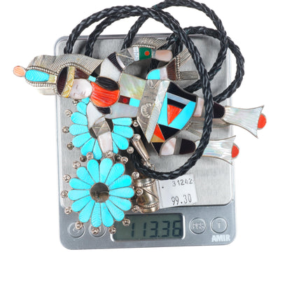 Eddie Beyuka Zuni Hoop dancer, carved turquoise/coral sterling silver bolo tie