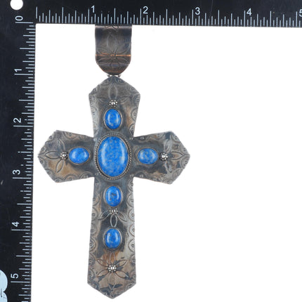 Nicholas Jackson Navajo sterling silver denim Lapis large stamped cross pendant