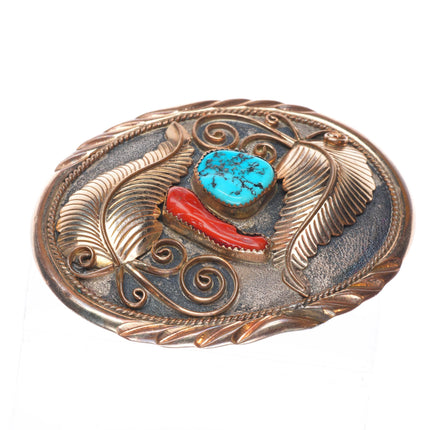 Julia Etsitty Navajo Sterling silver/gold filled turquoise/coral belt buckle