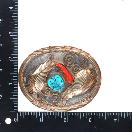 Julia Etsitty Navajo Sterling silver/gold filled turquoise/coral belt buckle