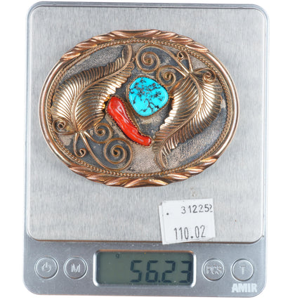 Julia Etsitty Navajo Sterling silver/gold filled turquoise/coral belt buckle