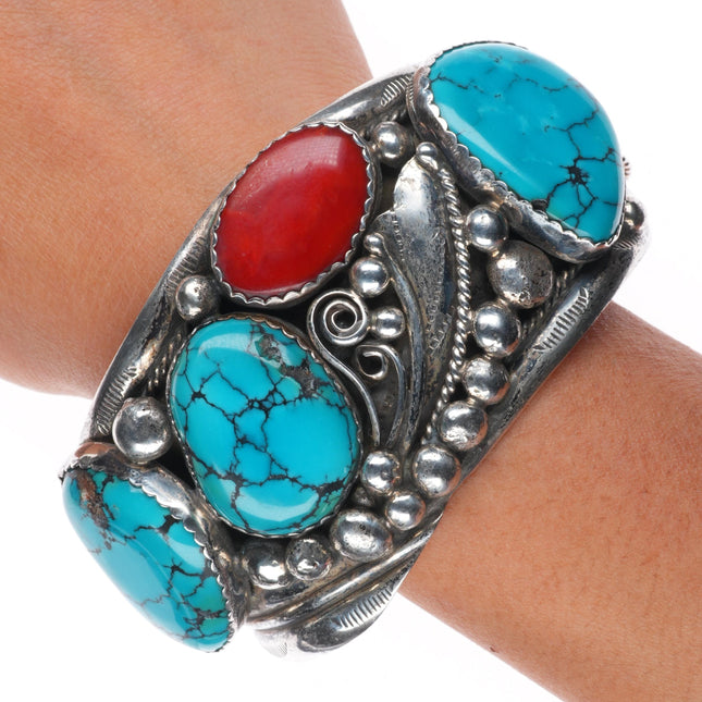 8.2" R Yazzie Navajo Vintage turquoise/coral sterling silver heavy cuff bracelet