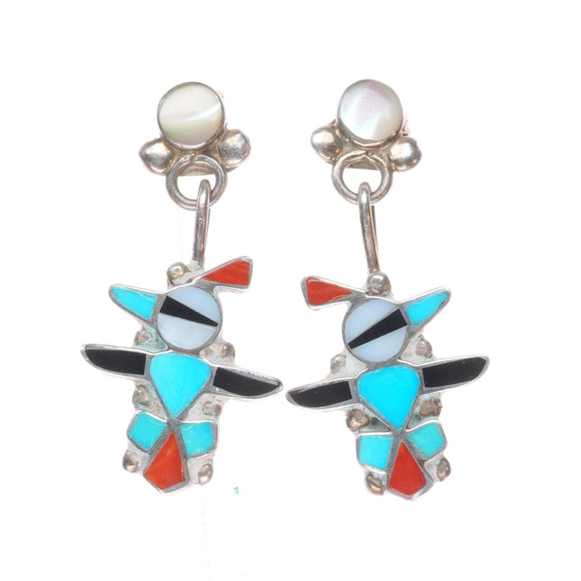 Vintage Zuni sterling silver stone inlay thunderbird earrings turquoise/coral