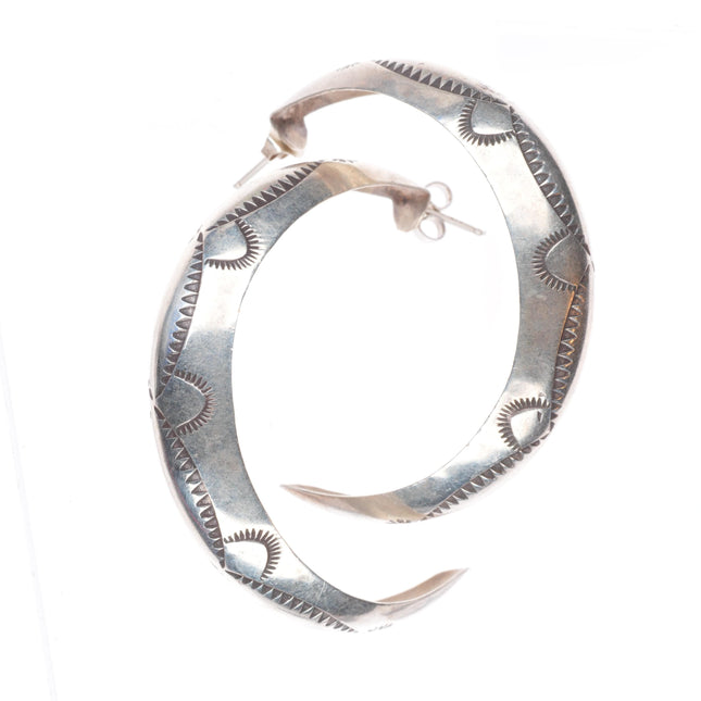 Vintage Navajo hand stamped sterling silver large hoop earrings