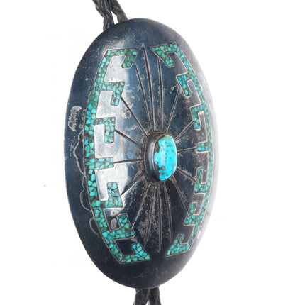 c1970 Navajo Vintage sterling silver large chip inlay turquoise bolo tie