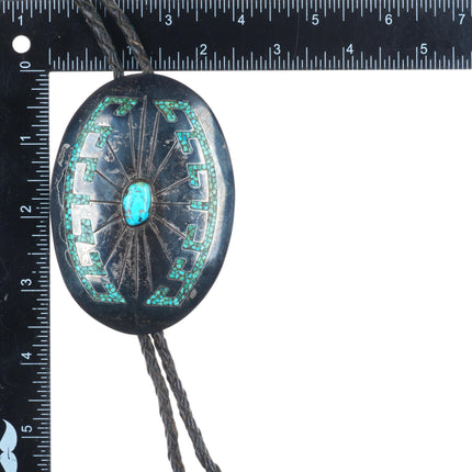 c1970 Navajo Vintage sterling silver large chip inlay turquoise bolo tie