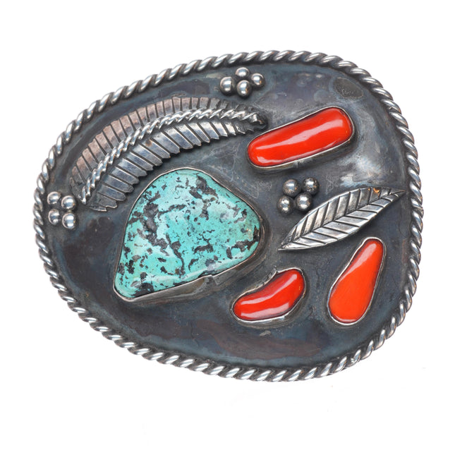 Vintage Navajo sterling silver, turquoise, coral feather applied belt buckle