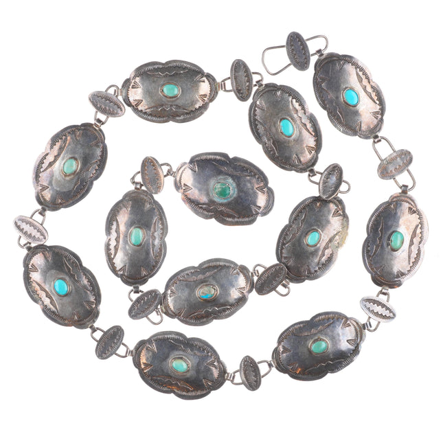 26.5" vintage 1940s Navajo sterling silver stamped turquoise hatband/concho belt