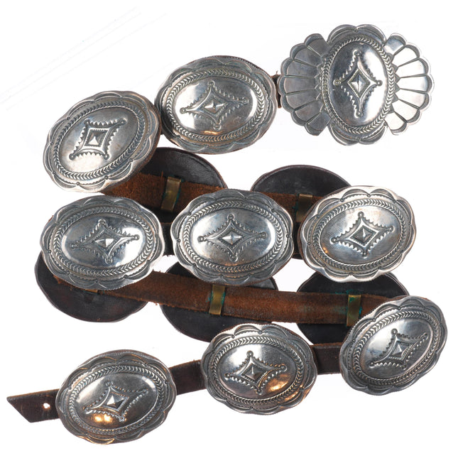 Vintage P.O. Taos Pueblo deep stamped sterling silver concho belt 31"
