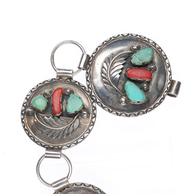35.5" Vintage Zuni sterling silver, turquoise, coral link concho belt