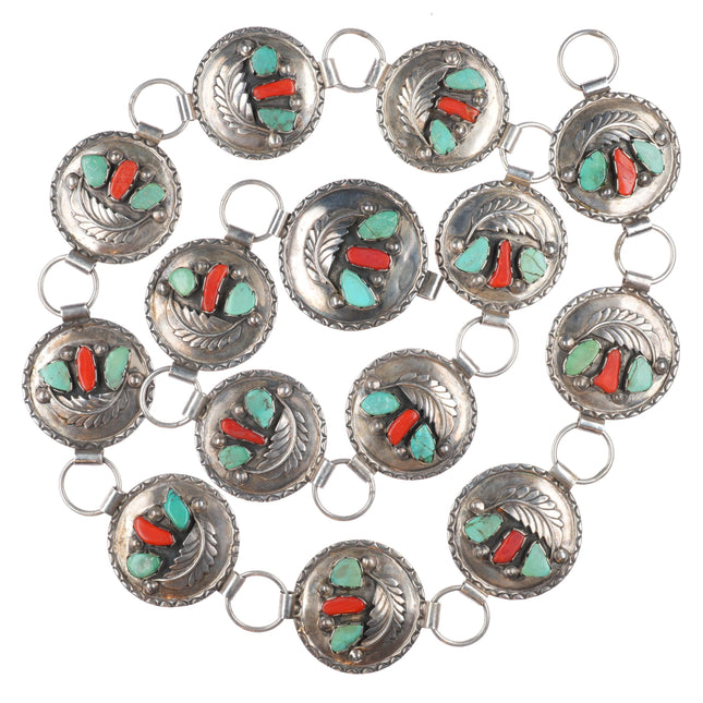 35.5" Vintage Zuni sterling silver, turquoise, coral link concho belt