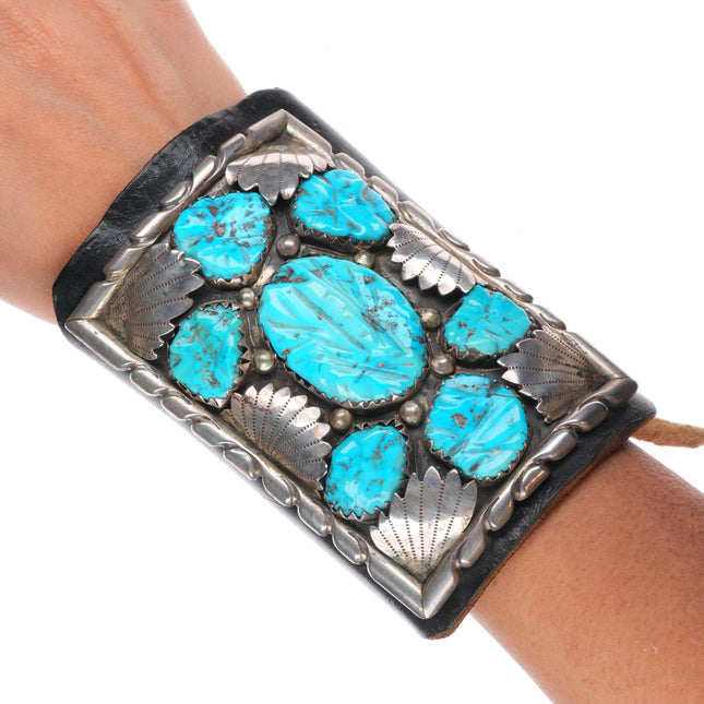 7" Large Vintage Zuni carved turquoise sterling silver Ketoh bowguard bracelet