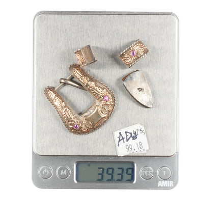 Hollands San Angelo #205 10k gold sterling silver rubies ranger 5/8" belt buckle set