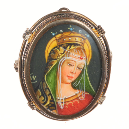 2 Italian 800 silver hand painted Mary/Madonna portrait pendant/pins sterling