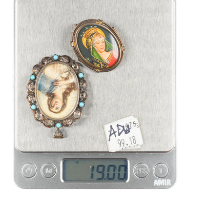 2 Italian 800 silver hand painted Mary/Madonna portrait pendant/pins sterling