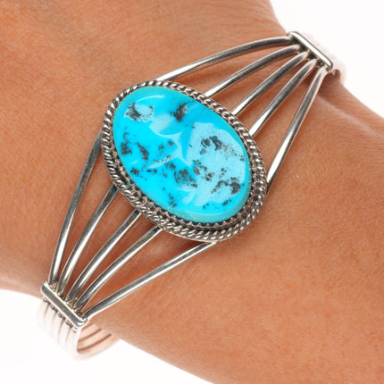 6.5" Vintage Navajo Kingman turquoise sterling silver wire cuff bracelet