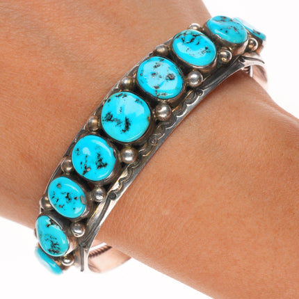 7.3" Harrison Jim Navajo sterling silver Kingman turquoise row cuff bracelet