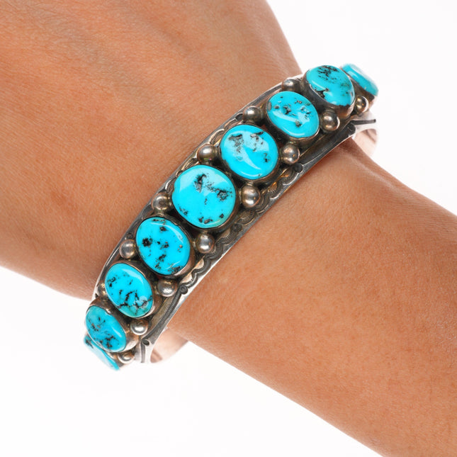 7.3" Harrison Jim Navajo sterling silver Kingman turquoise row cuff bracelet