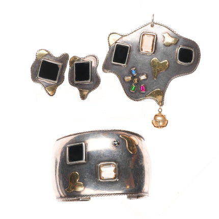 6.75" 14k gold/Sterling silver Gemset cuff bracelet, earrings, pendant set