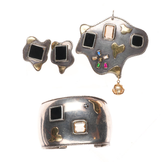 6.75" 14k gold/Sterling silver Gemset cuff bracelet, earrings, pendant set