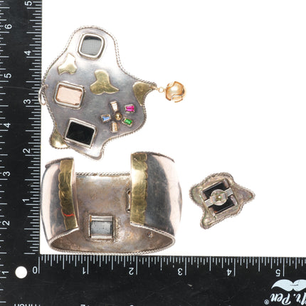 6.75" 14k gold/Sterling silver Gemset cuff bracelet, earrings, pendant set