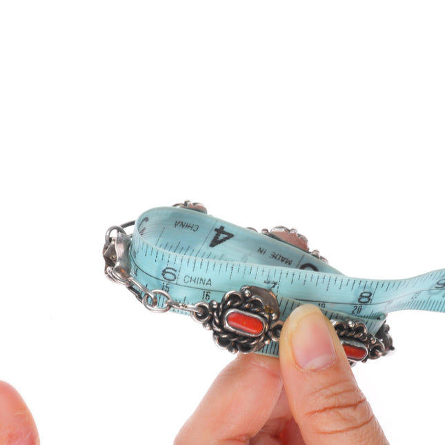 6.75" Vintage Navajo sterling silver coral link bracelet w/fancy bezels