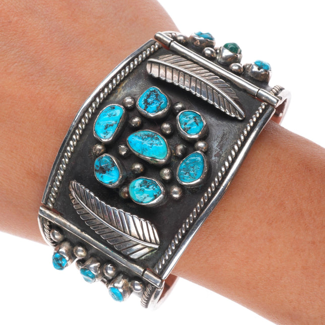 7" Heavy/wide Vintage Navajo sterling silver turquoise cluster link bracelet