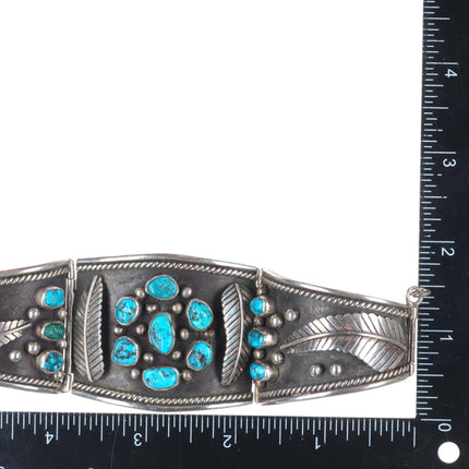 7" Heavy/wide Vintage Navajo sterling silver turquoise cluster link bracelet