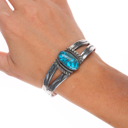 6.7" c1940 Navajo Lone Mountain turquoise vintage sterling silver cuff bracelet