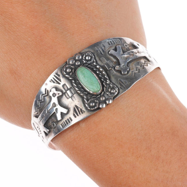 6.25" 30's-40's Fred Harvey snakes/dogs sterling silver turquoise cuff bracelet