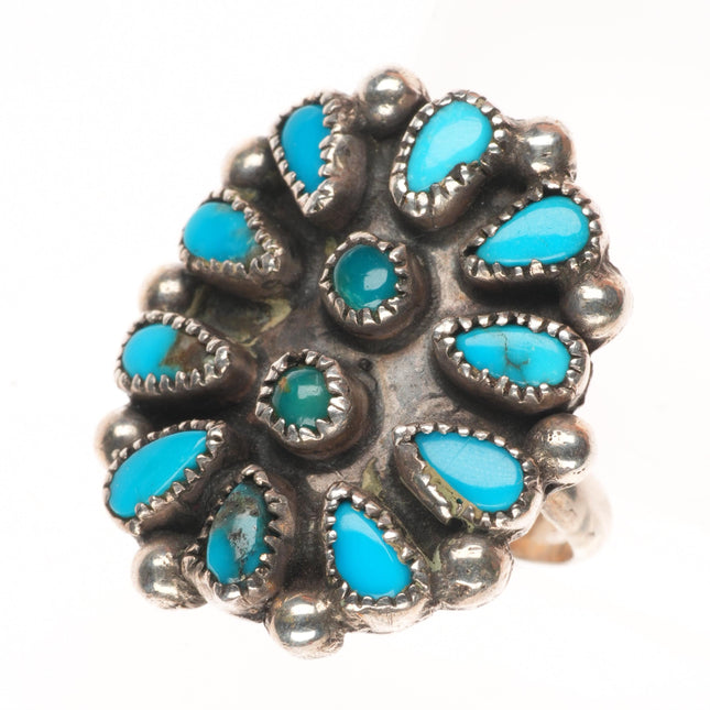 sz6.5 Vintage Zuni natural turquoise cluster ring sterling silver 40's-50's