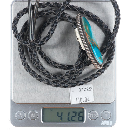 Vintage Navajo Blue Gem turquoise sterling silver rope edge bolo tie