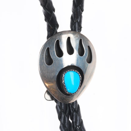 Vintage Navajo sterling silver shadowbox bear paw turquoise bolo tie