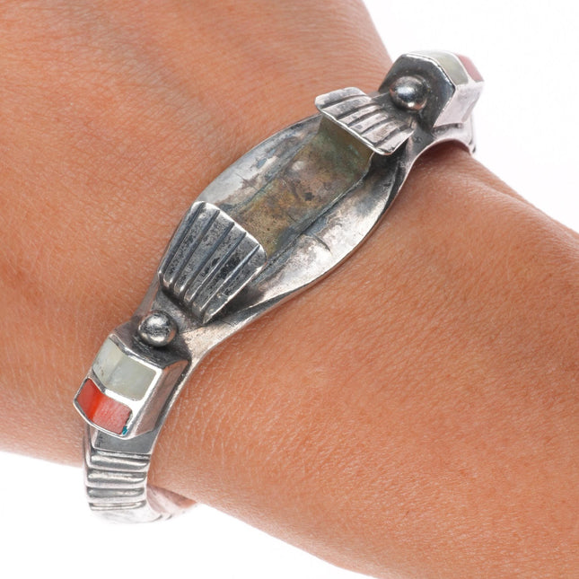 6.25" CL vintage Zuni sterling silver, coral, shell inlay watch cuff bracelet