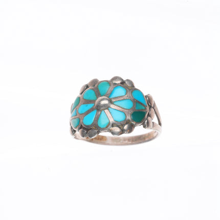 sz8.75 vintage Zuni sterling silver flower form flush inlay turquoise ring