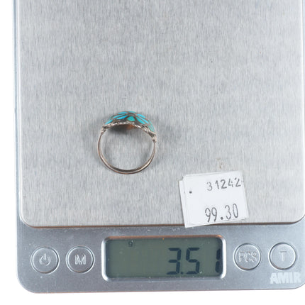 sz8.75 vintage Zuni sterling silver flower form flush inlay turquoise ring