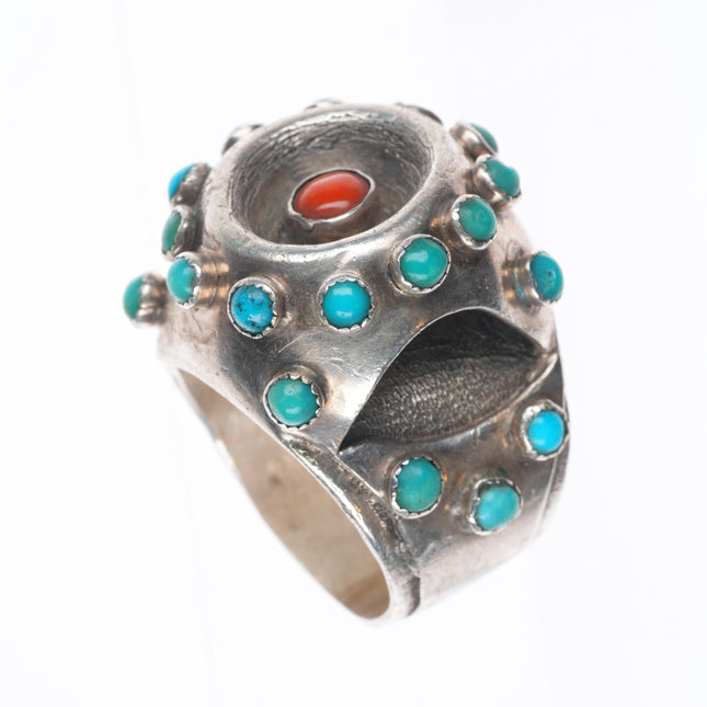 sz11 Vintage Native American Modernist sterling silver turquoise/coral ring