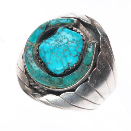 sz10 Vintage BJ Navajo sterling silver waterweb turquoise horseshoe inlay ring