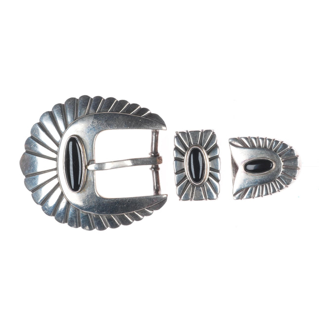 Vintage southwestern/Native American sterling silver onyx ranger belt buckle set