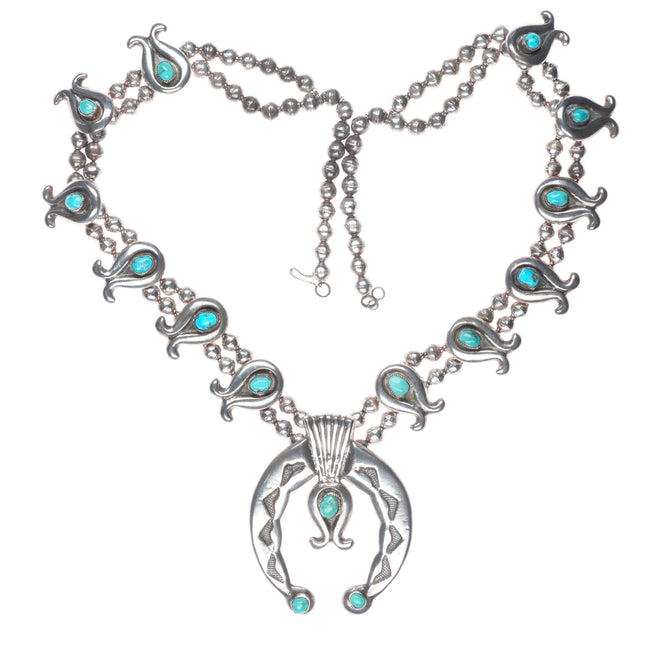 40's-50's Navajo cast sterling silver turquoise squash blossom necklace