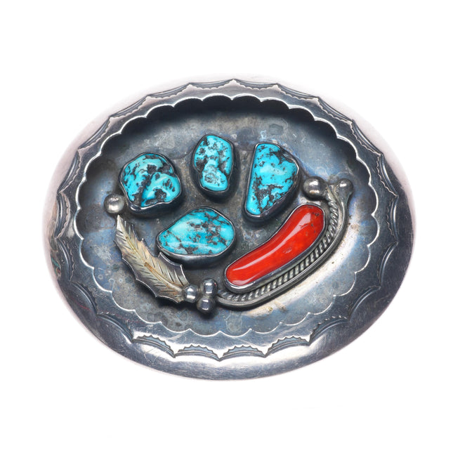 Vintage Navajo sterling cast silver belt buckle stamped center with turquoise