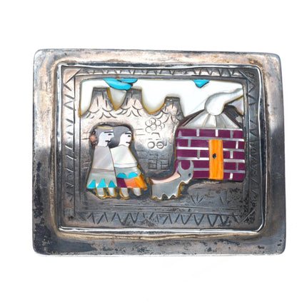 Vintage Navajo sterling inlay storyteller belt buckle shell/turquoise