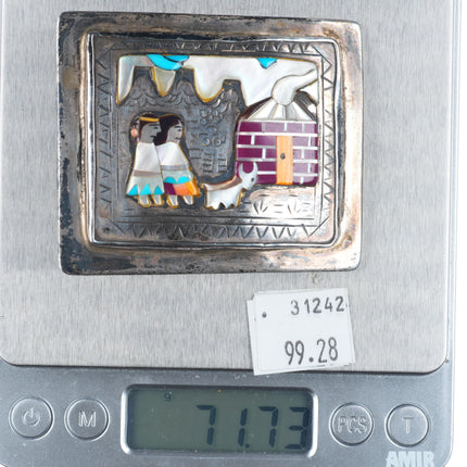 Vintage Navajo sterling inlay storyteller belt buckle shell/turquoise