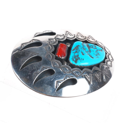 Arnold Goodluck Navajo sterling silver bear paw turquoise/coral belt buckle