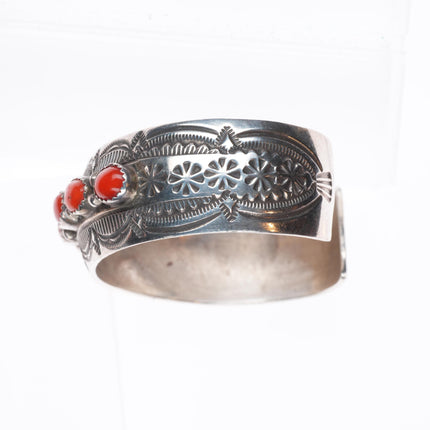 6.5" Wilbert Benally Navajo  sterling silver deep stamped coral row cuff bracelet