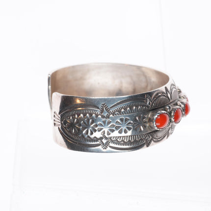 6.5" Wilbert Benally Navajo  sterling silver deep stamped coral row cuff bracelet