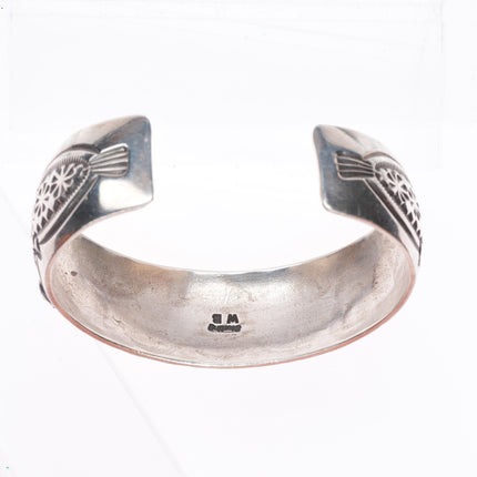 6.5" Wilbert Benally Navajo  sterling silver deep stamped coral row cuff bracelet