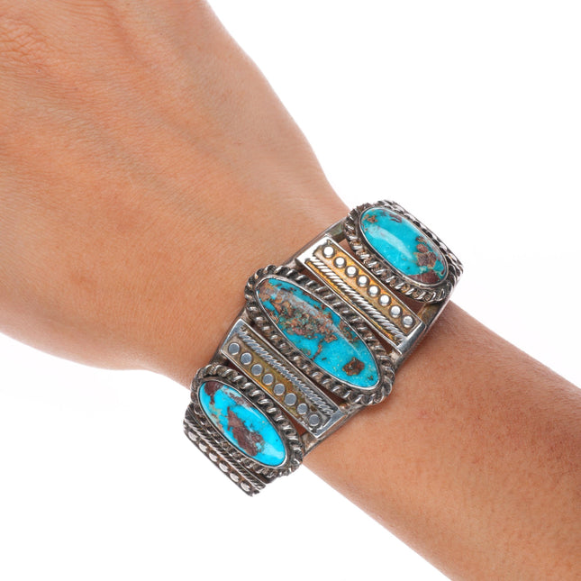 6.75" c1940 Navajo sterling silver 3 stone high grade turquoise cuff bracelet
