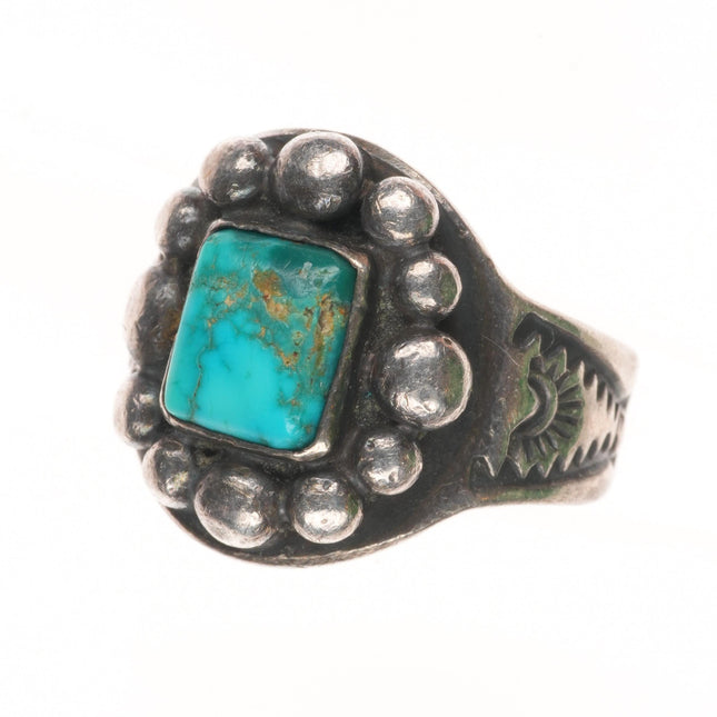 sz6 30's-40's Vintage Navajo sterling silver hand stamped ring w/nice turquoise